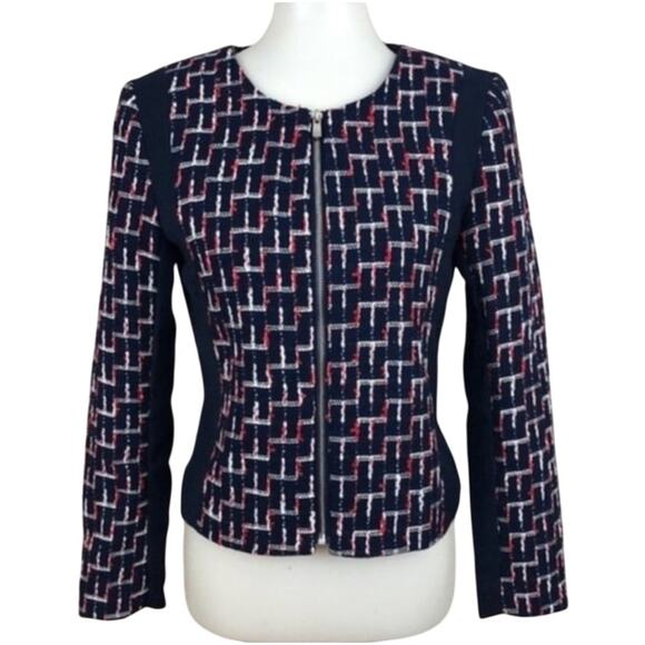 HM Blazer Jacket Size M Red White Blue Full Zip Tweed Academia Modest - Picture 1 of 7